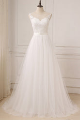 Glamorous Tulle Sleeveless Jewel Wedding Dress White A-line Appliques Bridal Gowns On Sale-27dress