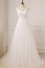 Glamorous Tulle Sleeveless Jewel Wedding Dress White A-line Appliques Bridal Gowns On Sale-27dress