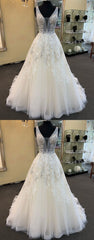 Glamorous Unique White Tulle V-Neck Wedding Dress Long Beaded Lace Bridal Gowns On Sale-27dress