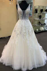 Glamorous Unique White Tulle V-Neck Wedding Dress Long Beaded Lace Bridal Gowns On Sale-27dress