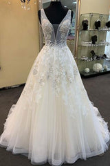 Glamorous Unique White Tulle V-Neck Wedding Dress Long Beaded Lace Bridal Gowns On Sale-27dress