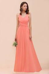 Glamorous V-Neck Coral Chiffon Bridesmaid Dress Affordable with Ruffle-27dress