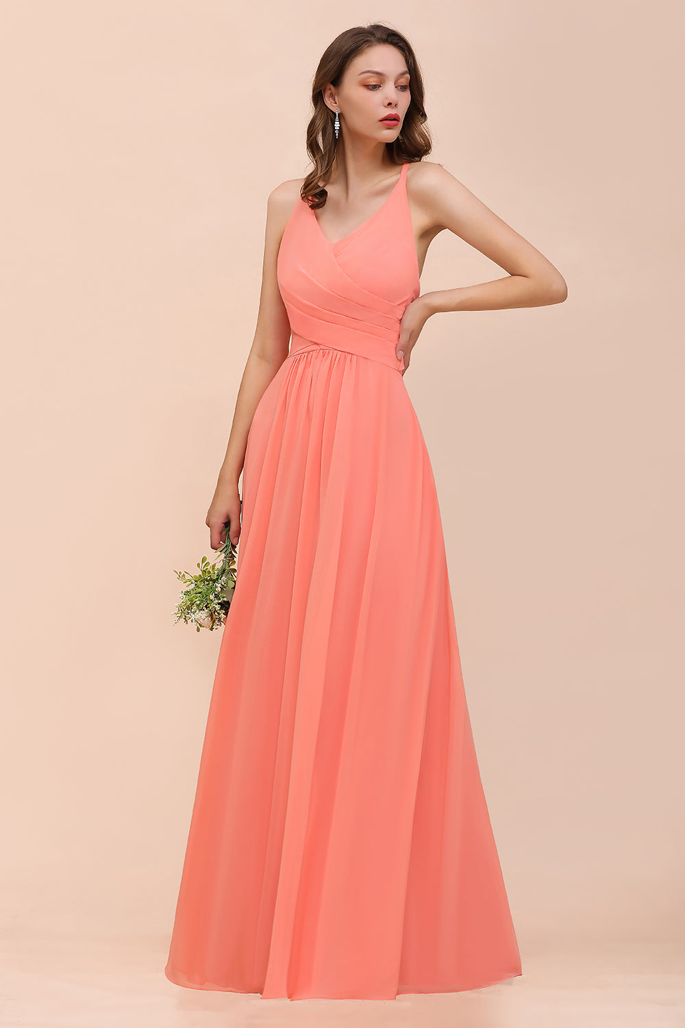 Glamorous V-Neck Coral Chiffon Bridesmaid Dress Affordable with Ruffle-27dress
