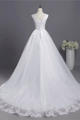 Glamorous V-Neck Sequins White Tulle Wedding Dress Sleevels Lace Appliques Bridal Gowns On Sale-27dress