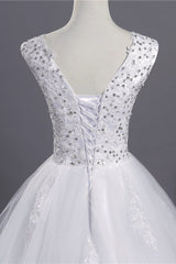Glamorous V-Neck Sequins White Tulle Wedding Dress Sleevels Lace Appliques Bridal Gowns On Sale-27dress