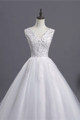 Glamorous V-Neck Sequins White Tulle Wedding Dress Sleevels Lace Appliques Bridal Gowns On Sale-27dress