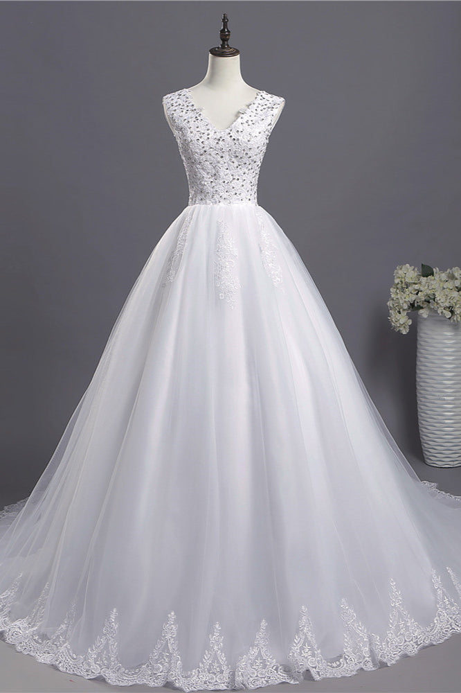 Glamorous V-Neck Sequins White Tulle Wedding Dress Sleevels Lace Appliques Bridal Gowns On Sale-27dress