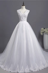 Glamorous V-Neck Sequins White Tulle Wedding Dress Sleevels Lace Appliques Bridal Gowns On Sale-27dress