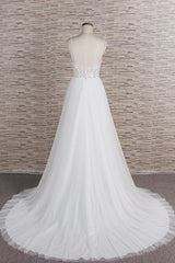 Glamorous V-neck Spaghetti Straps White Wedding Dresses A-line Sleeveless Tulle Lace Bridal Gowns Online-27dress