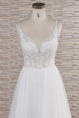Glamorous V-neck Spaghetti Straps White Wedding Dresses A-line Sleeveless Tulle Lace Bridal Gowns Online-27dress