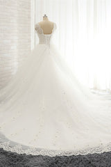 Glamorous V neck Straps White Wedding Dresses With Appliques A line Sleeveless Tulle Bridal Gowns Online-27dress