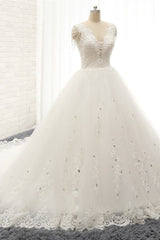 Glamorous V neck Straps White Wedding Dresses With Appliques A line Sleeveless Tulle Bridal Gowns Online-27dress