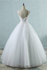 Glamorous V-Neck Tulle Lace Beadings Wedding Dress Appliques Tulle Bridal Gowns with Rhinestones-27dress