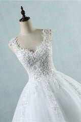 Glamorous V-Neck Tulle Lace Beadings Wedding Dress Appliques Tulle Bridal Gowns with Rhinestones-27dress