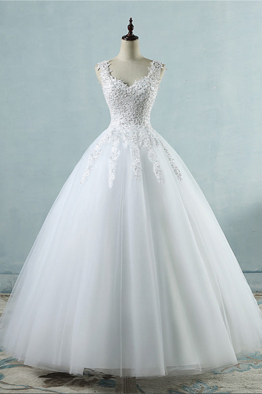 Glamorous V-Neck Tulle Lace Beadings Wedding Dress Appliques Tulle Bridal Gowns with Rhinestones-27dress