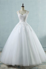 Glamorous V-Neck Tulle Lace Beadings Wedding Dress Appliques Tulle Bridal Gowns with Rhinestones-27dress
