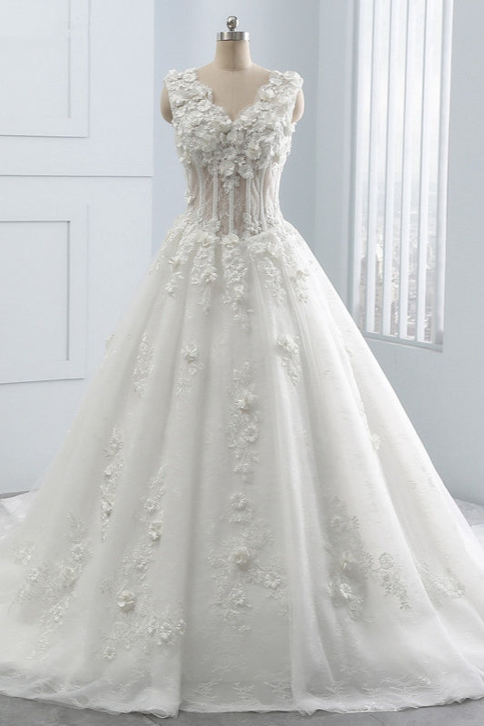 Glamorous V-Neck Tulle Wedding Dress with Flowers Appliques Sleeveless Beadings Bridal Gowns Online-27dress