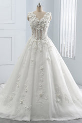 Glamorous V-Neck Tulle Wedding Dress with Flowers Appliques Sleeveless Beadings Bridal Gowns Online-27dress