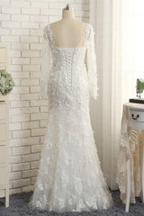 Glamorous White Mermaid Lace Wedding Dresses With Appliques Longsleeves Jewel Bridal Gowns On Sale-27dress