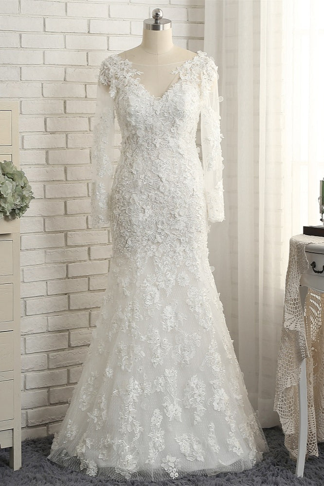 Glamorous White Mermaid Lace Wedding Dresses With Appliques Longsleeves Jewel Bridal Gowns On Sale-27dress