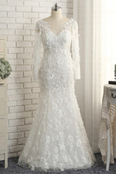 Glamorous White Mermaid Lace Wedding Dresses With Appliques Longsleeves Jewel Bridal Gowns On Sale-27dress