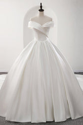 Glamorous White Satin Ruffles Wedding Dresses Off-the-shoulder A-line Bridal Gowns Online-27dress