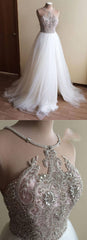 Glamorous White Tulle Crystal Beaded Wedding Dress Halter Seeveless Bridal Gowns On Sale-27dress