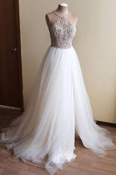 Glamorous White Tulle Crystal Beaded Wedding Dress Halter Seeveless Bridal Gowns On Sale-27dress