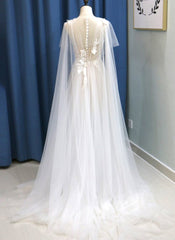 Glamorous White Tulle V-Neck Beach Wedding Dress A Line Flower Bridal Gowns On Sale-27dress