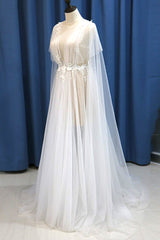 Glamorous White Tulle V-Neck Beach Wedding Dress A Line Flower Bridal Gowns On Sale-27dress