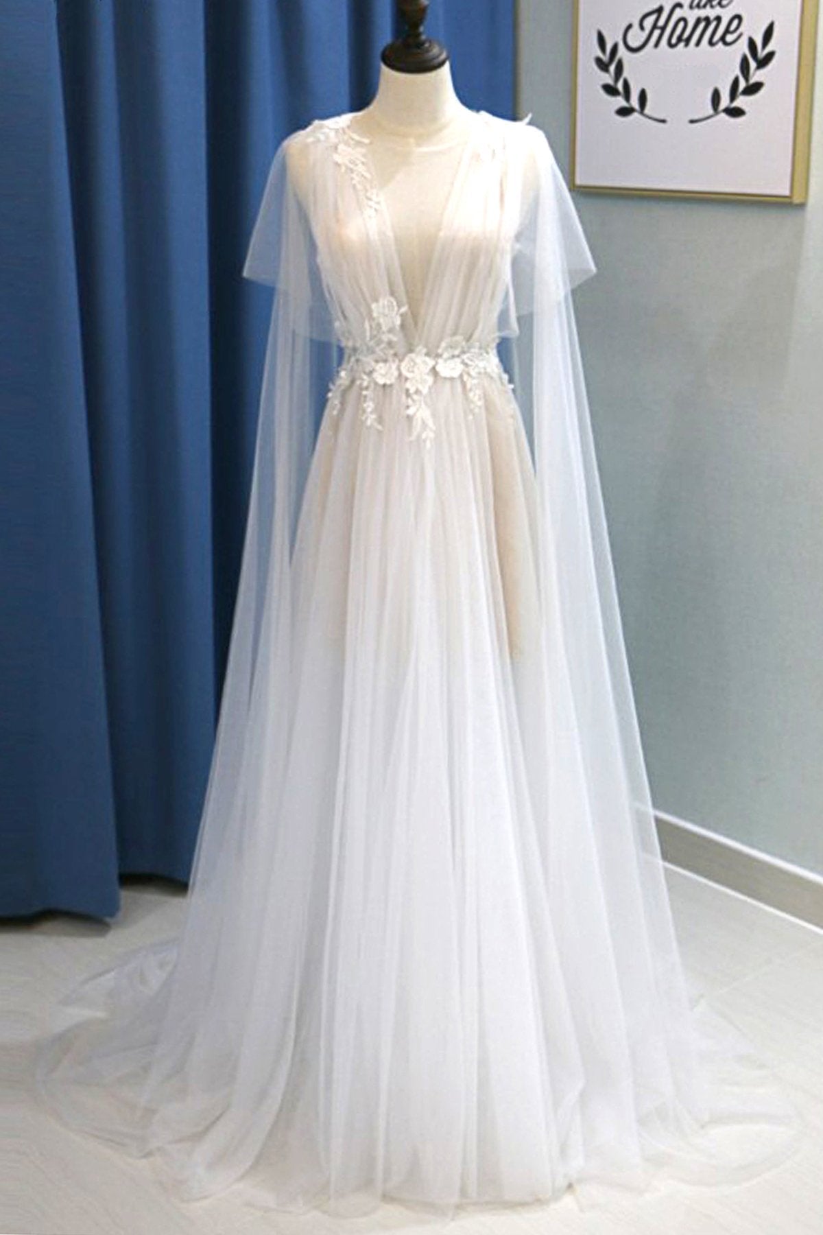 Glamorous White Tulle V-Neck Beach Wedding Dress A Line Flower Bridal Gowns On Sale-27dress