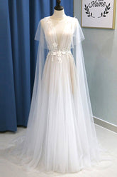 Glamorous White Tulle V-Neck Beach Wedding Dress A Line Flower Bridal Gowns On Sale-27dress