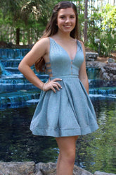 Glitter A-Line Blue V-Neck Short Homecoming Dress