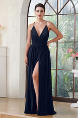 Glitter Long Spaghetti Straps V-Neck Front Split Backless Evening Dress-27dress