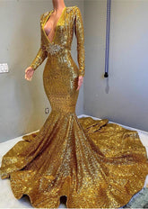 Gold Long Sleeves V-Neck Mermaid Prom Dress with Applique