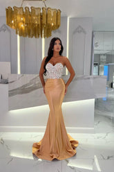 Gold Long Sweetheart Pleated Sleeveless Mermaid Evening Dress