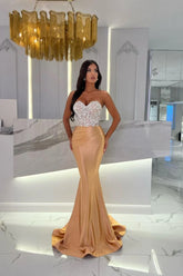 Gold  Long Sweetheart Pleated Sleeveless Mermaid Evening Dress
