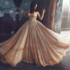 Gold Sequins Long Prom Dress