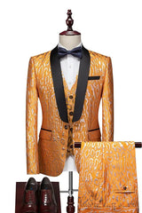 Shawl Lapel Three Pieces New Arrival Jacquard Gold Wedding Suits