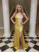 27DRESS Gold Sleeveless Satin Mermaid Evening Dresses with Beaded