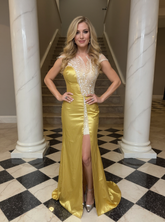 27DRESS Gold Sleeveless Satin Mermaid Evening Dresses with Beaded