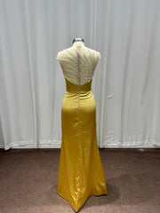 27DRESS Gold Sleeveless Satin Mermaid Evening Dresses with Beaded