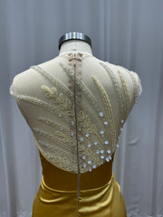 27DRESS Gold Sleeveless Satin Mermaid Evening Dresses with Beaded