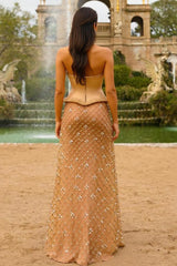 27DRESS Gold Strapless A-line Sequined Evening Dresses with Rhinestone