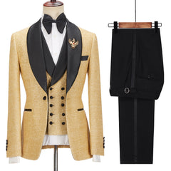 Golden Shawl Lapel Three Pieces Men Suits For Wedding