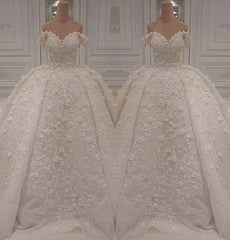 Gorgeous A-line Off-the-shoulder White Wedding Dresses V-neck Tulle Lace Bridal Gowns With Appliques Online-27dress