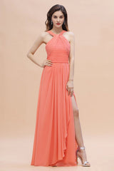 Gorgeous A-Line Sleeveless Coral Chiffon Bridesmaid Dress with Ruffles On Sale-27dress