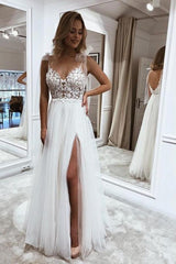 Gorgeous Appliques Tulle Wedding Dress With Slit-27dress