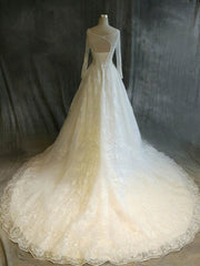 Gorgeous Ball Gown Illusion Tulle Chapel Train Wedding Dresses With Appliques Lace