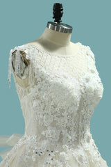 Gorgeous Ball Gown Jewel Champagne Tulle Wedding Dress Lace Appliques Beadings Bridal Gowns with Tassels-27dress